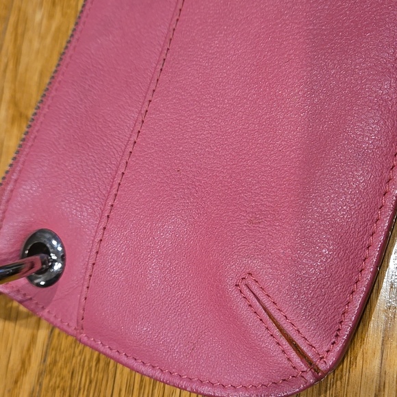 Pink Leather Wristlet w Unique Ring Strap, Front Pocket + Zipper Top - Picture 9 of 12